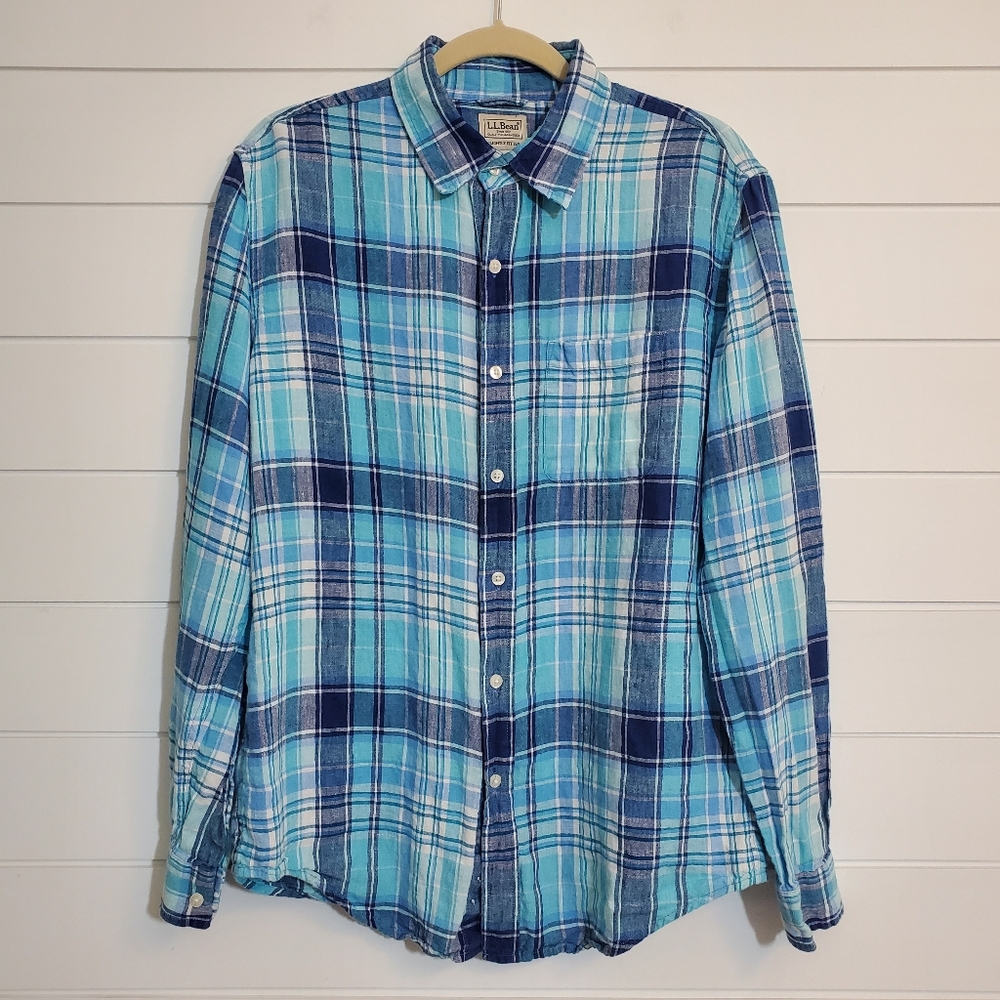 LL Bean Long Sleeve Button Up Slightly Fitted Shirt Plaid Blue 100% LINEN Size M
